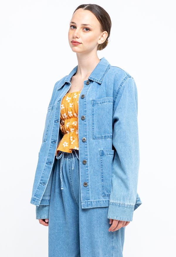 Oversized Multi Pockets Buttoned Denim Jacket -Sale