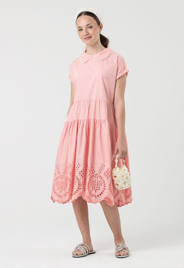 Tiered Schiffli Skirt Pearls Details Midi Dress -Sale
