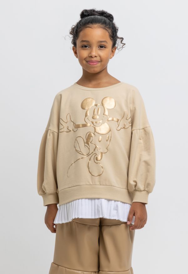 Gold Mickey Mouse Print Pleated Hem Sweatshirt -Sale