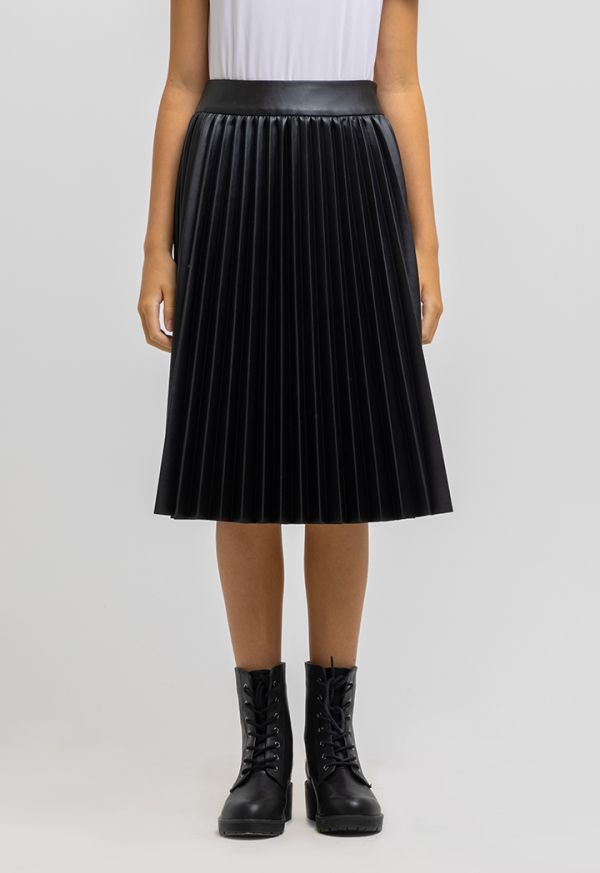 All Over Pleated Solid PU Leather Midi Skirt Sale