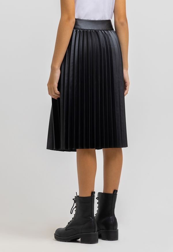 Black faux leather sales pu pleated midi skirt