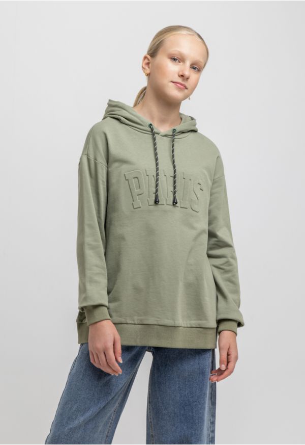 Embossed Paris Print Solid Drawstring Hoodie -Sale