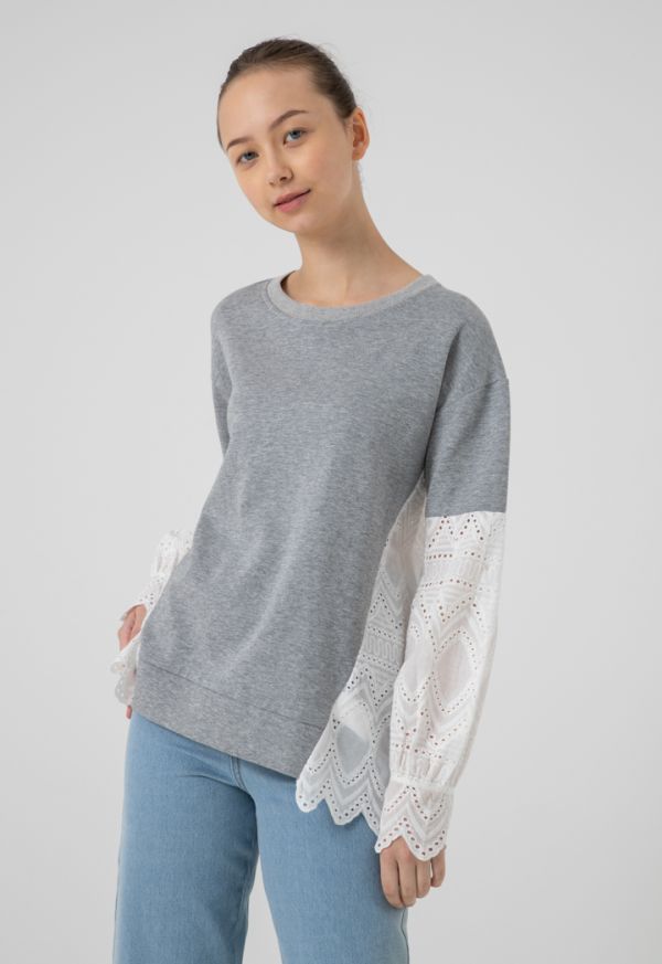 Ribbed Schiffli Long Sleeves Blouse -Sale