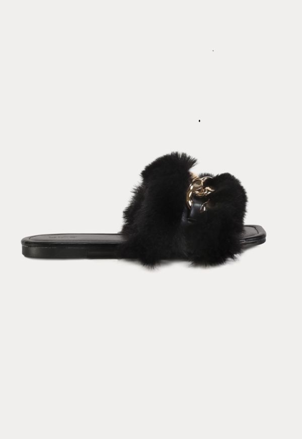 Furry Vamp With Chunky Chain PU Leather Flat Sandals -Sale