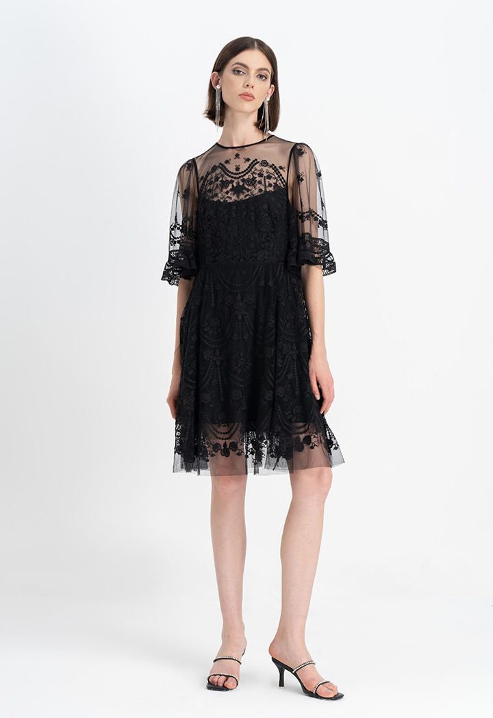 Embroidered ruffle sleeve midi dress online