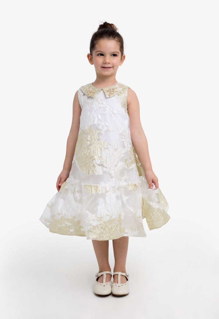 Textured Lace Sleeveless Ruffle Contrast Dress