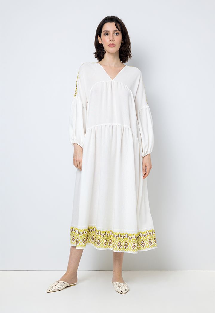 Solid Embroidered Long Sleeves Dress