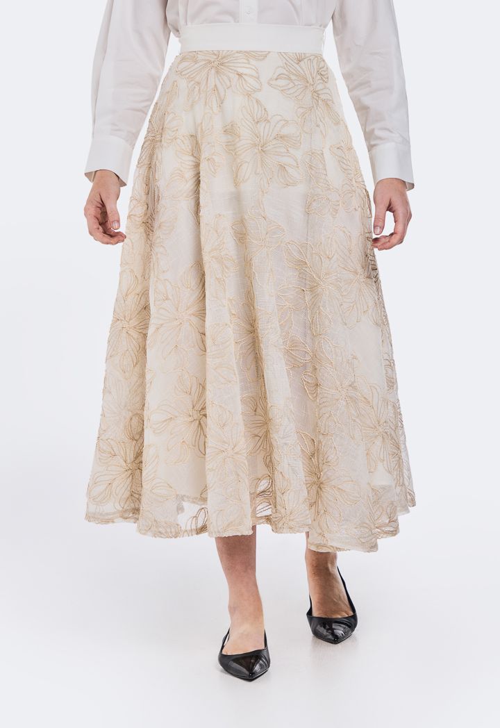 Embroidered Mesh Flared Skirt