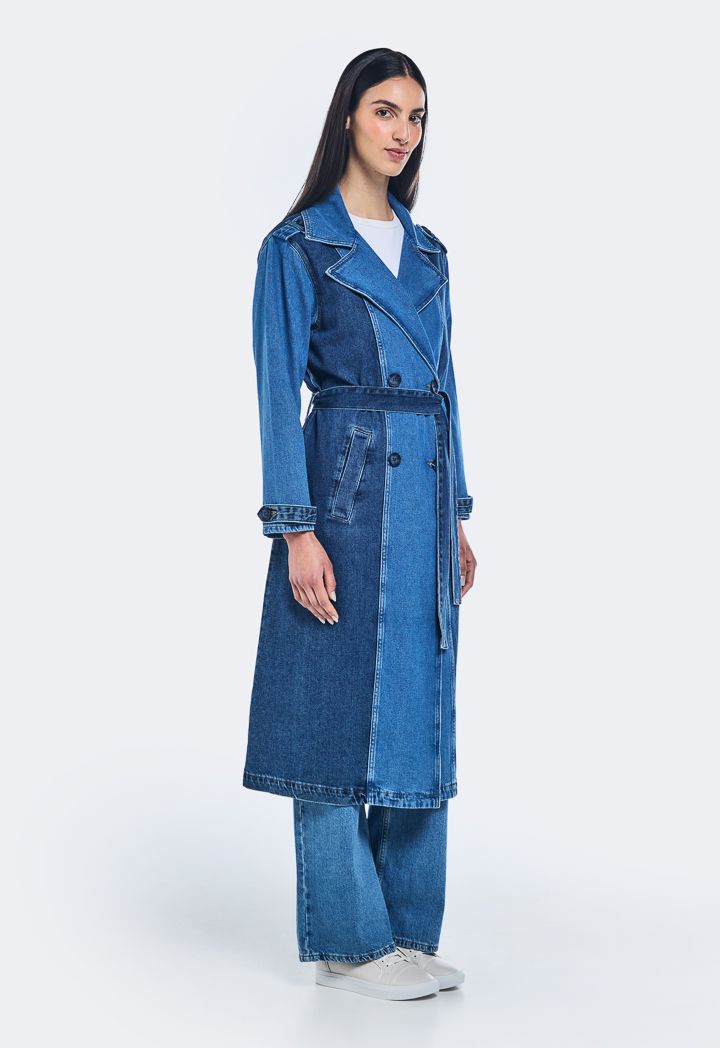 Color Block Denim Trench Coat