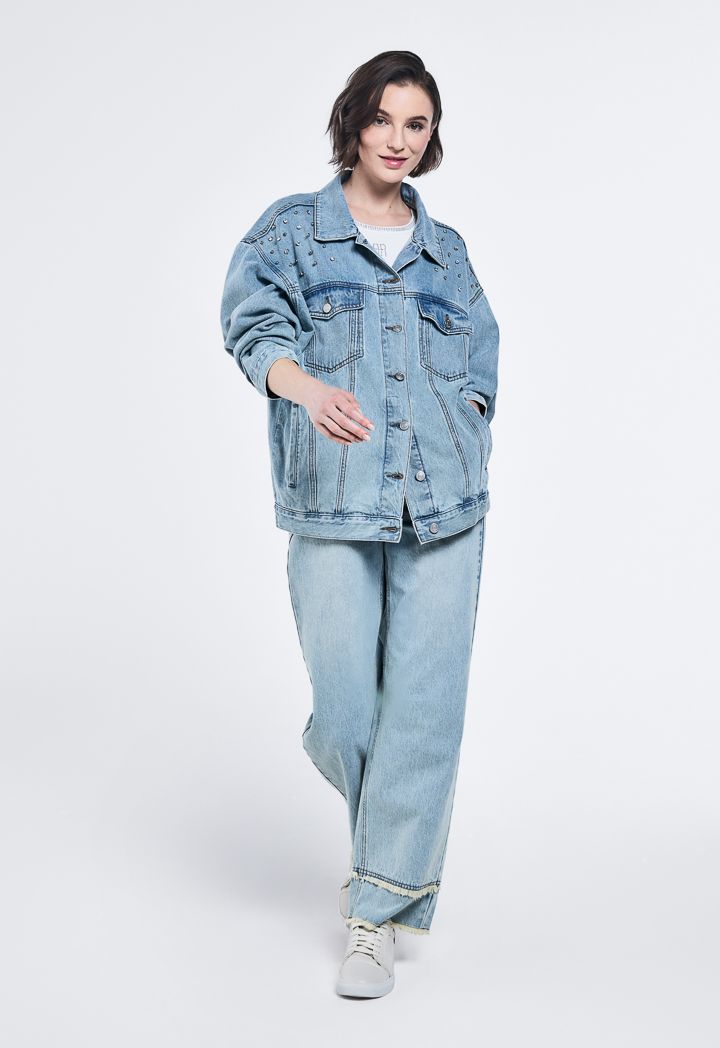 Pearl embellished denim jacket store