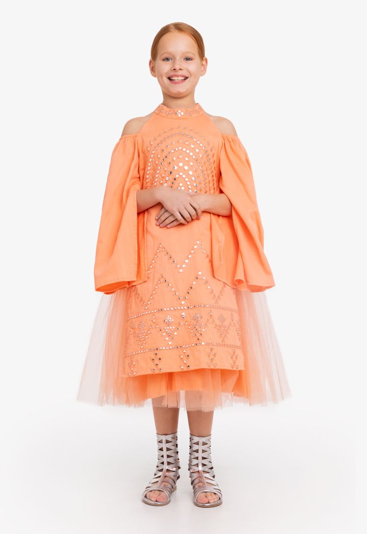 Cold Shoulder Embroidered Tulle Dress