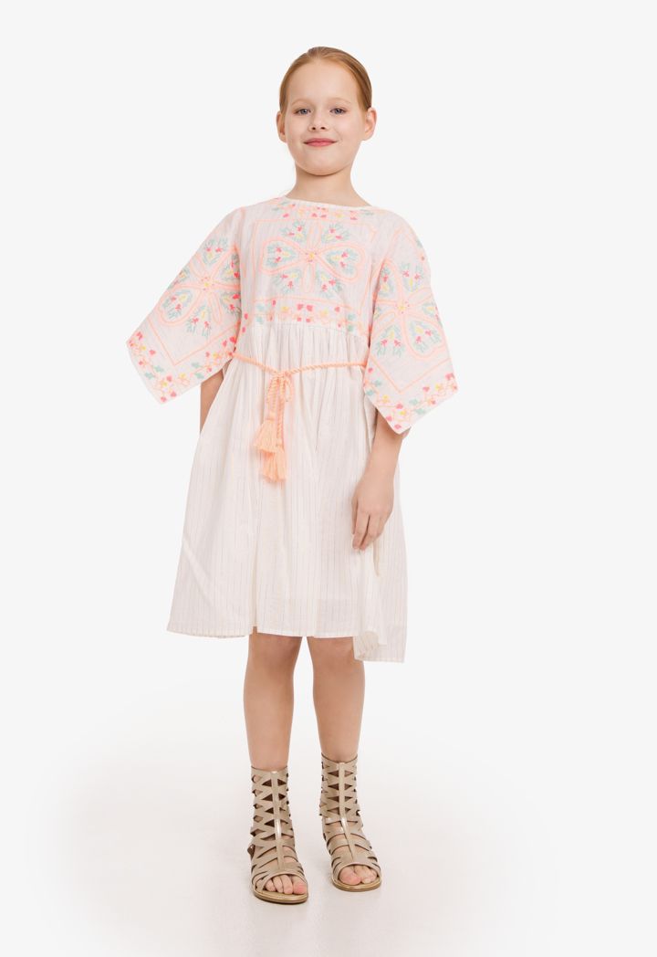 Embroidered Striped Short Slit Sleeves Dress
