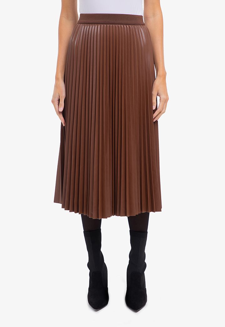 Leather Solid Pleated Maxi Skirt Sale