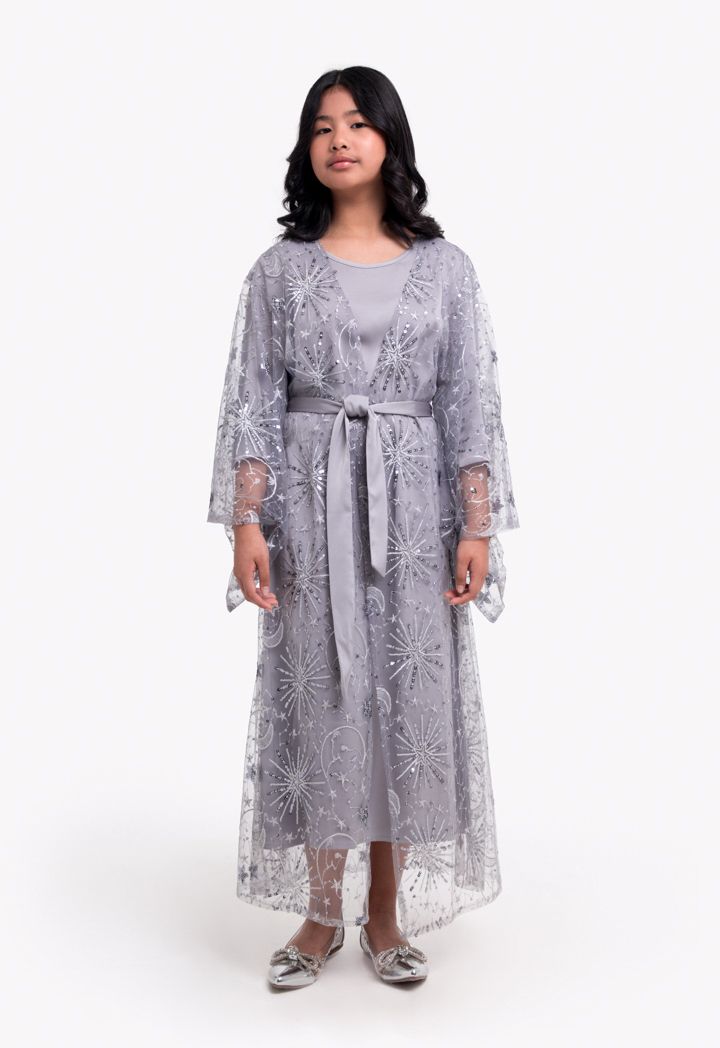 Sequined Mesh Kimono Dress Set