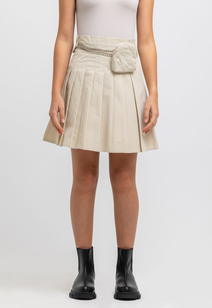 Pleated Knee Length Cotton Skirt With Waist Pouch Sale