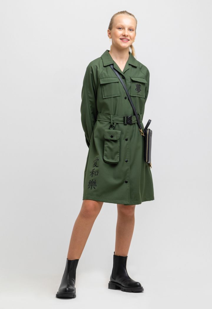Army Green Waist Belt Front Pockets Collared Shirt Dress Sale