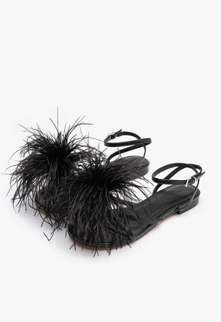 Dot Feather Trimmed Flat Sandals Sale