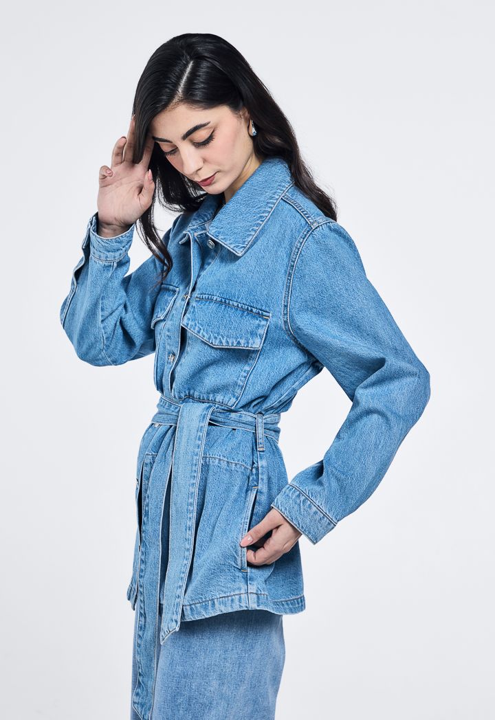 Long belted denim jacket online