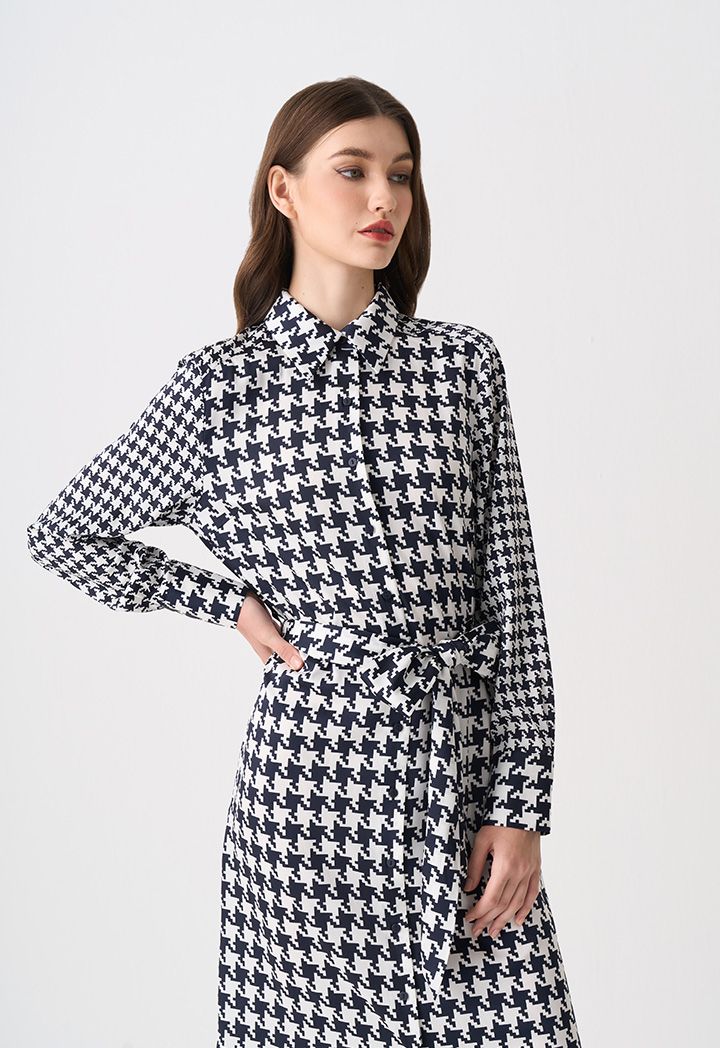 Houndstooth Pattern Belted Maxi Shirt Dress