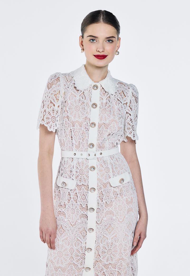 Lace Belted Short Sleeve Shirt Dress 2 PCS