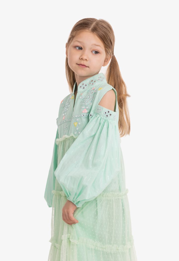 Cold Shoulder Tiered Embroidered Tulle Dress
