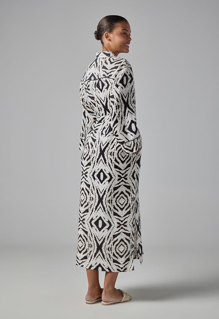 Printed Linen Belted Maxi Shirt Dress