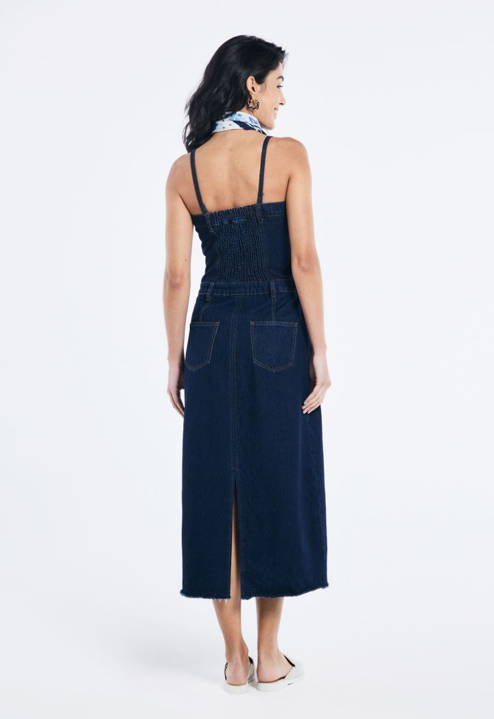 Smocked Back Denim Dungaree Dress