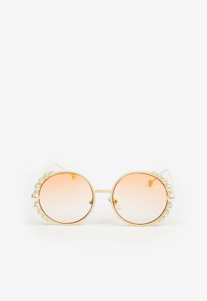 Faux Pearls Embellished Round Sunglasses