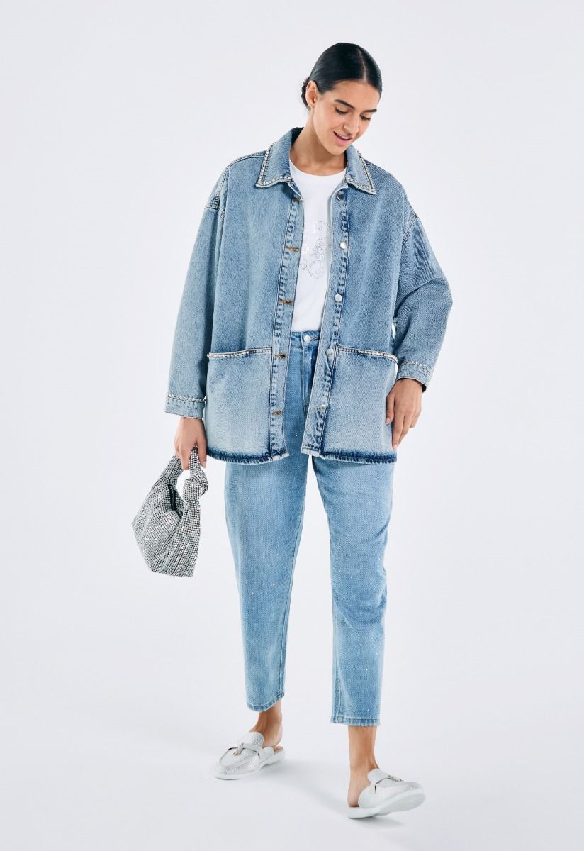 Oversized Crystal Embellished Denim Jacket