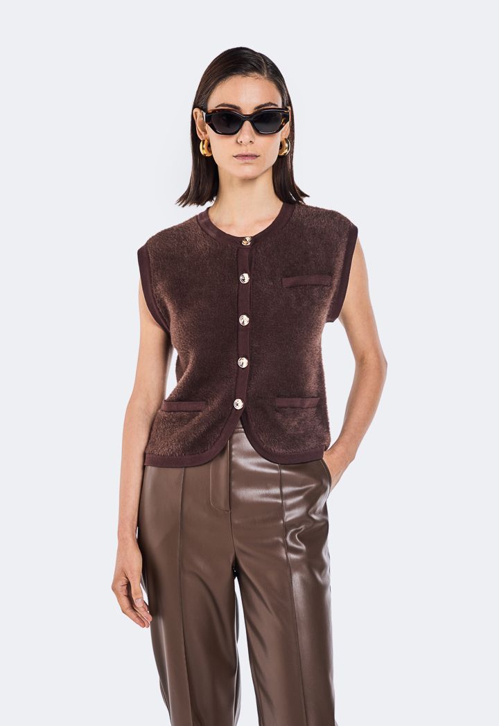 V Neck Fuzzy Fleece Vest