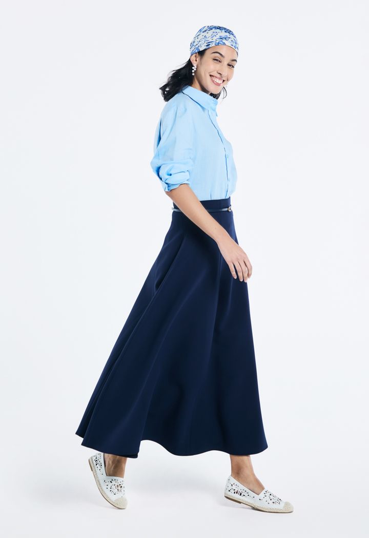 Solid Flared Belted Maxi Skirt