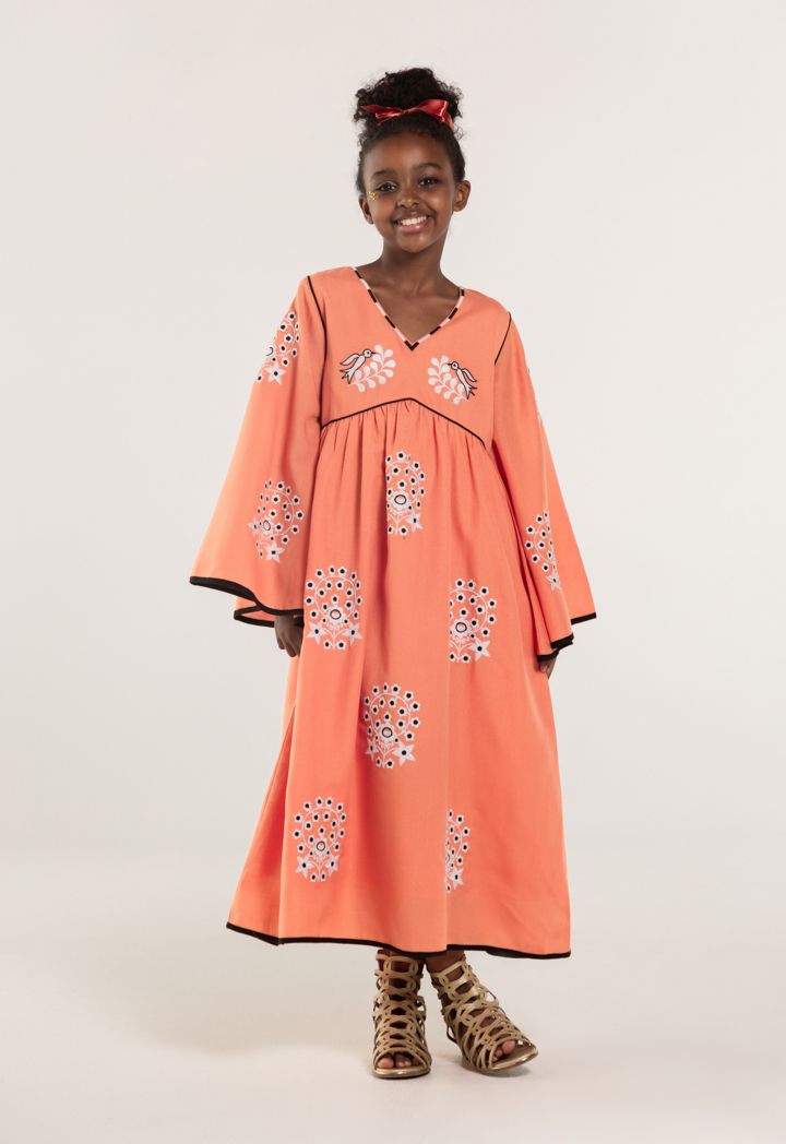 Embroidered Birds Flared Dress