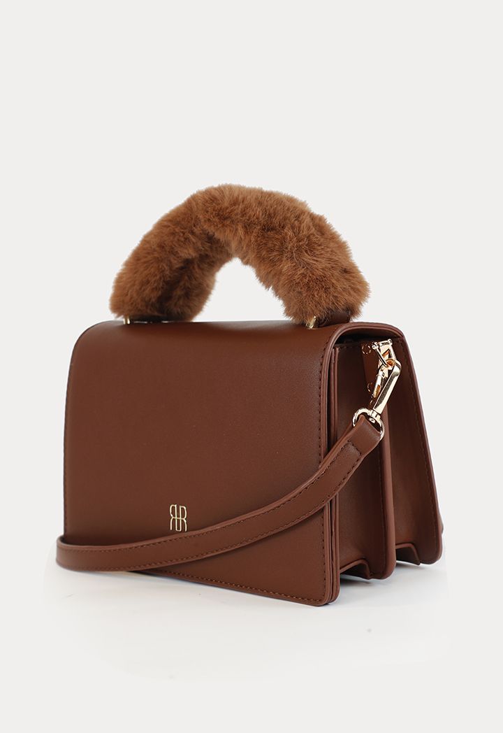 Faux Fur handle Logo Embossed Hand Bag Sale