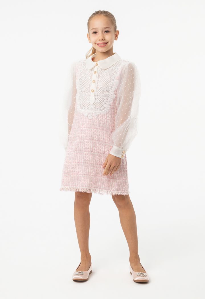 Long sleeve frayed hem tweed dress outlet