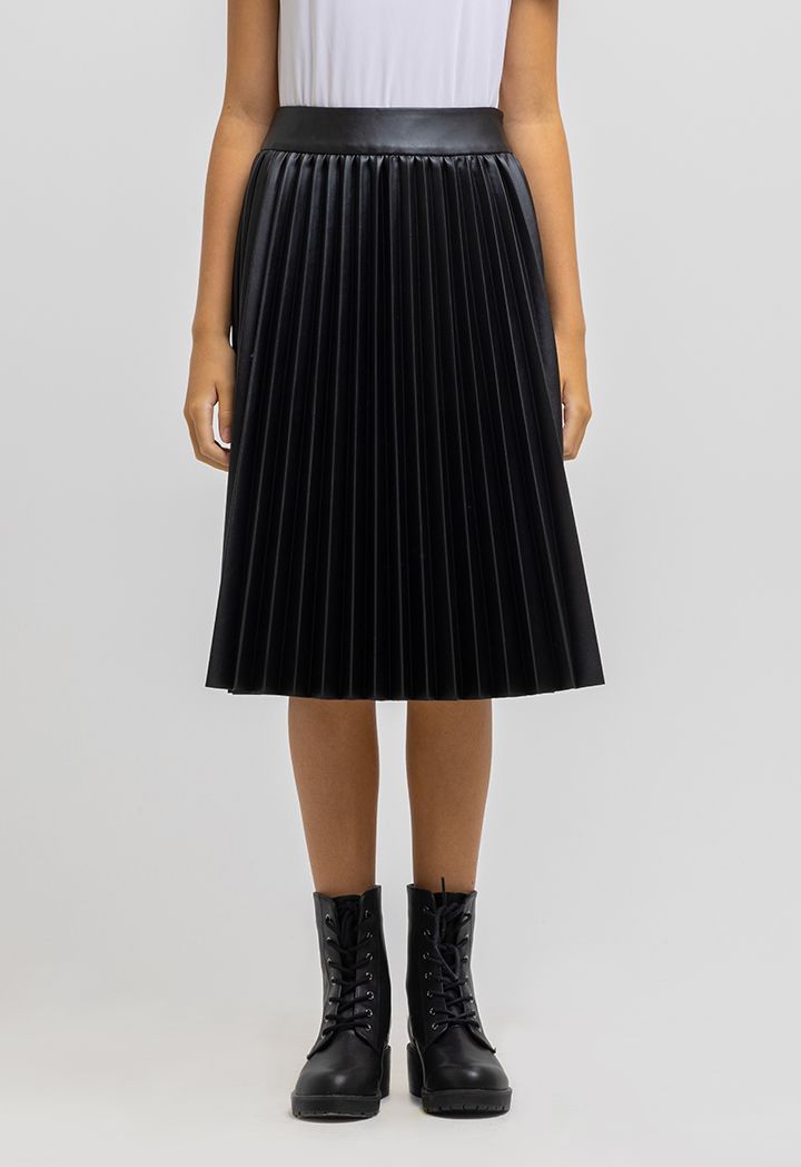 All Over Pleated Solid PU Leather Midi Skirt Sale