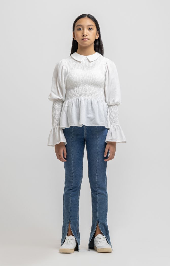 Flared Cut Front Slit High Rise Denim Jeans Sale