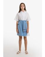 Short Belted Pleated Denim Skirt