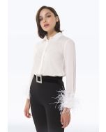 Feather Sleeve Hem Solid Shirt -Sale
