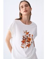 Floral Motif Cap Sleeve T-Shirt
