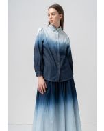 Pleated Ombre Long Sleeves Denim Shirt 