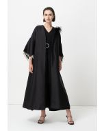Pearl Detailed Open Front Maxi Abaya With Self Tie Belt