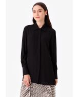 Casual Solid Shirt With Slit Hem -Sale