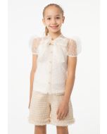 Sheer Bow Tie Neck Button Up Blouse -Sale