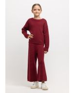 Textured Solid Knitted Elasticated Waist Wide Leg Pants -Sale
