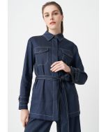Solid Shirt Collar Belted Jacket