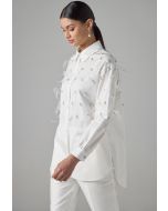 Long Sleeve Crystal Embellished Feather Shirt 