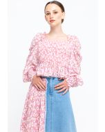 Daisy Print Puffy Sleeves Seersucker Ruched Blouse -Sale