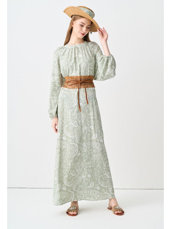 Surf Green Elegance: Shop the Flared Printed Belted Maxi Dress with 6% Discount!