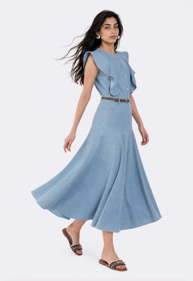 Ruffle-Detail Denim Dress