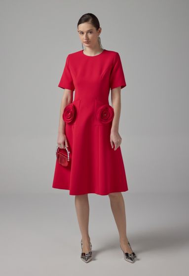 Solid 3D Flowers Patch Midi Dress